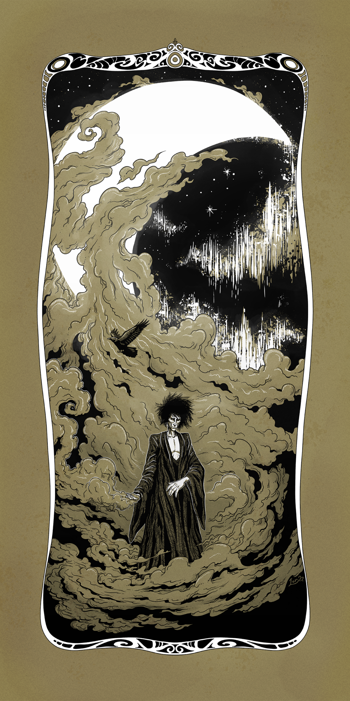 Artwork of Morpheus, the Sandman, also known as Dream of the Endless, stands in a swirl of sand revealing a nighttime dreamworld. The fanart illustration is wrapped in an intricate border with Dream's symbols of power. Inspired by Neil Gaiman's The Sandman series, fan artwork illustrated by C.Lor.